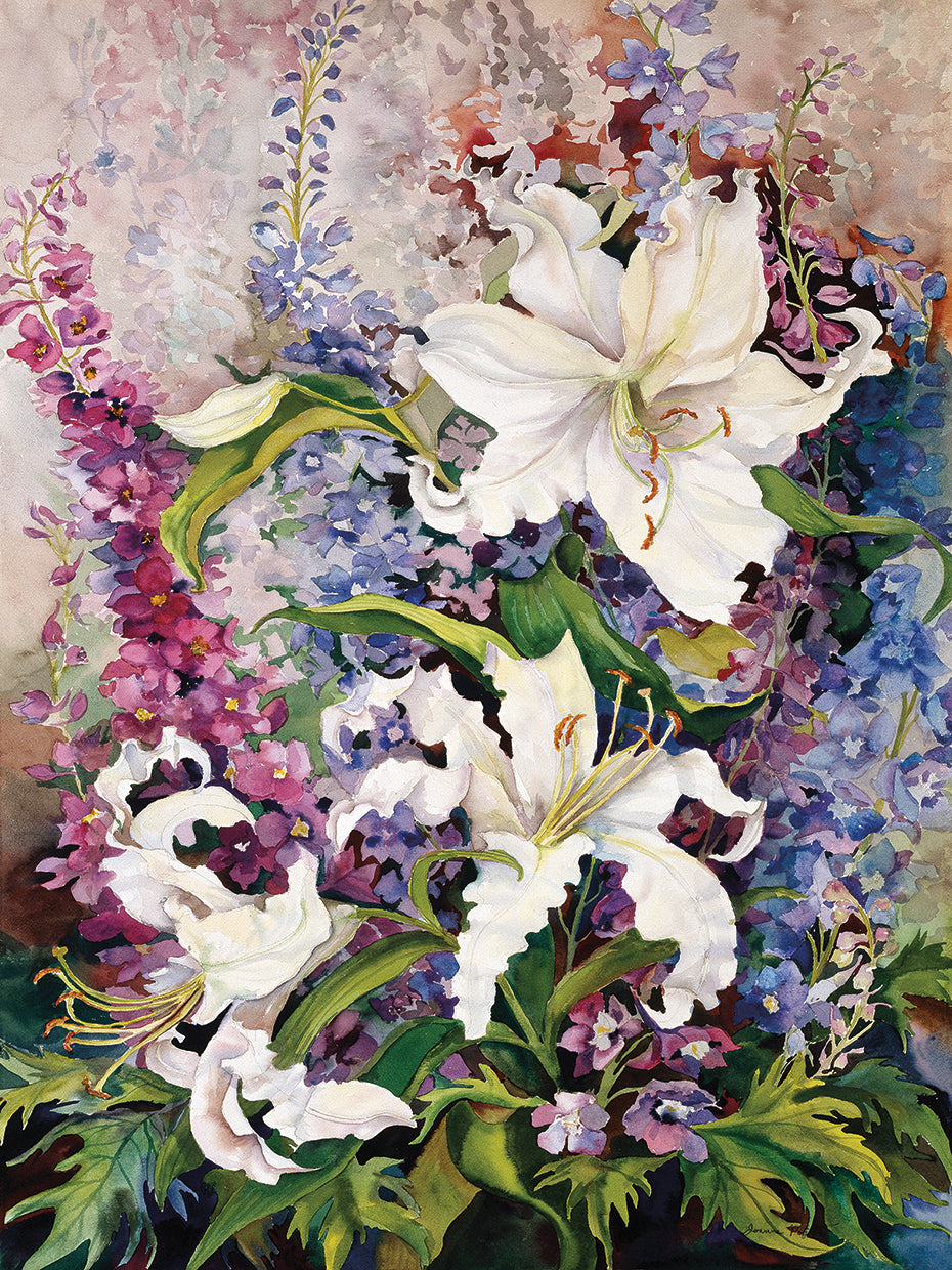 White Oriental Lilies & Pink And Purple Delphinium