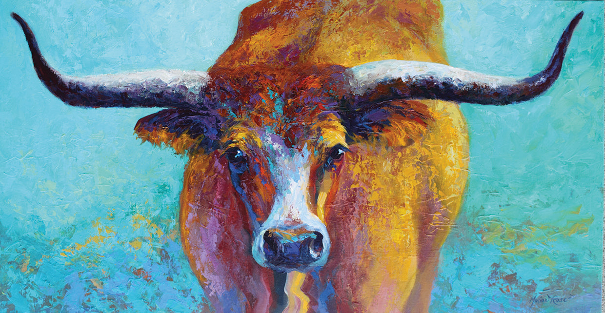 Wide Spread by Marion Rose is a colorful longhorn steer painting printed on canvas or framed canvas