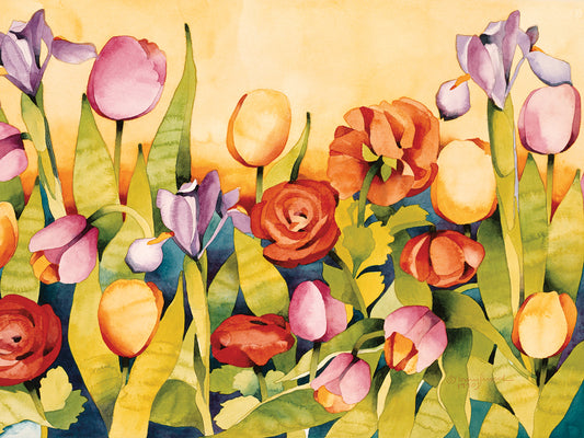 Iris & Tulips/ Yellow Background Canvas Prints
