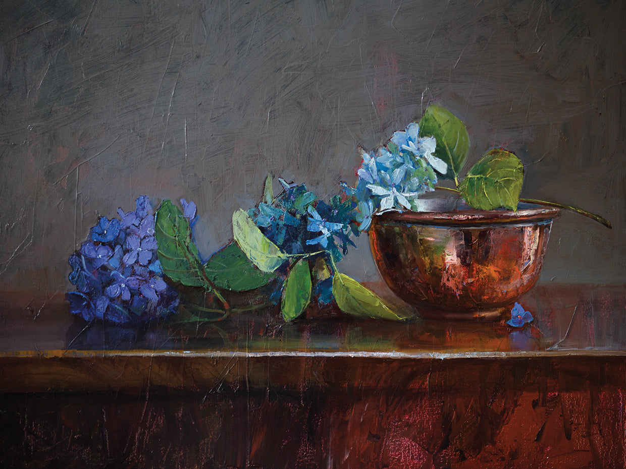 Copper Bowl With Blue Hydrangea