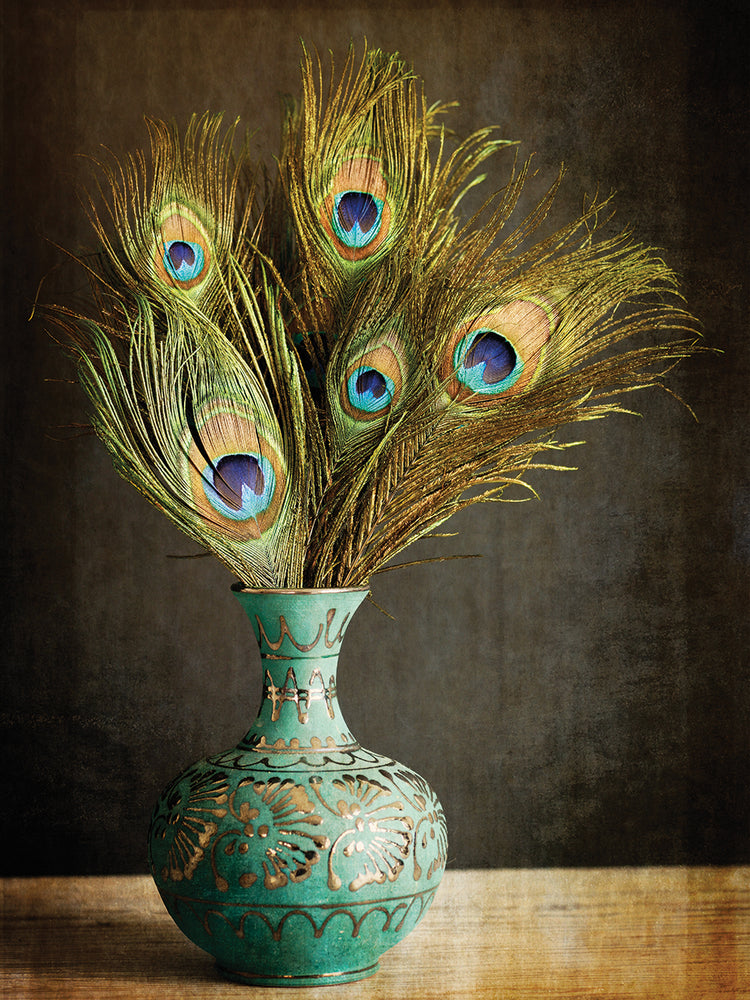 Peacock Feathers in Blue Vase