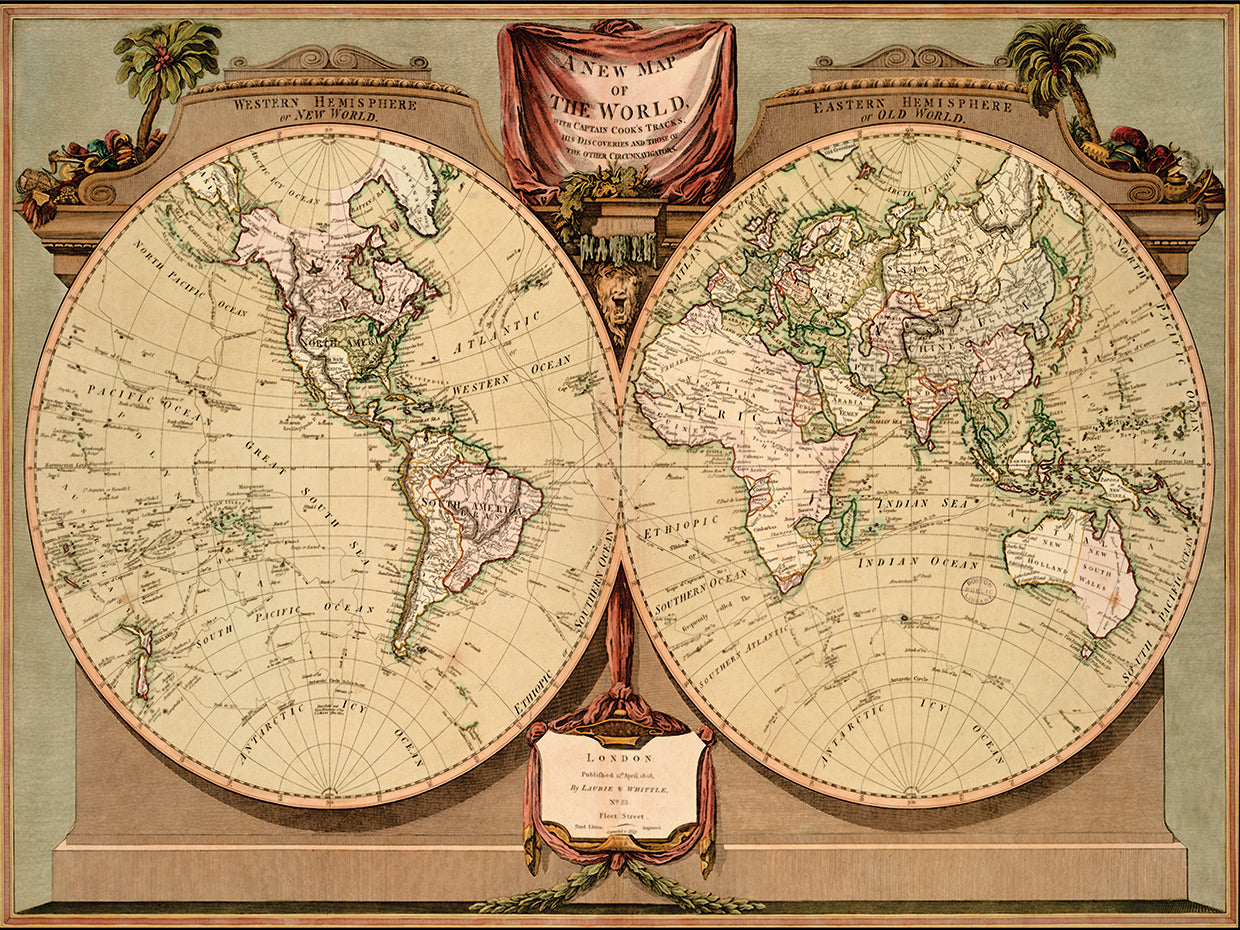 1808 A new map of the world, with Captain Cooks tracks by Vintage ...