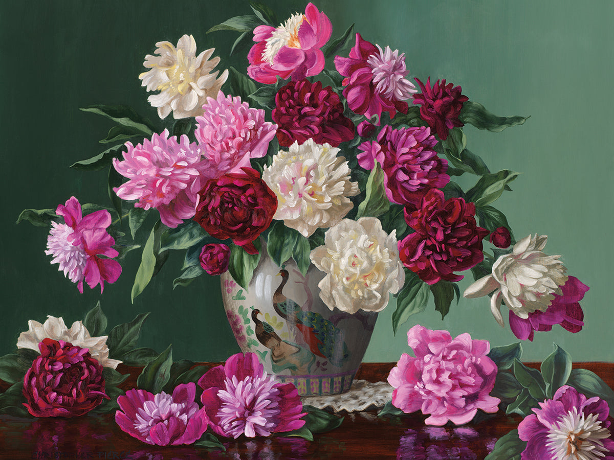 Peonies In Peacock Vase