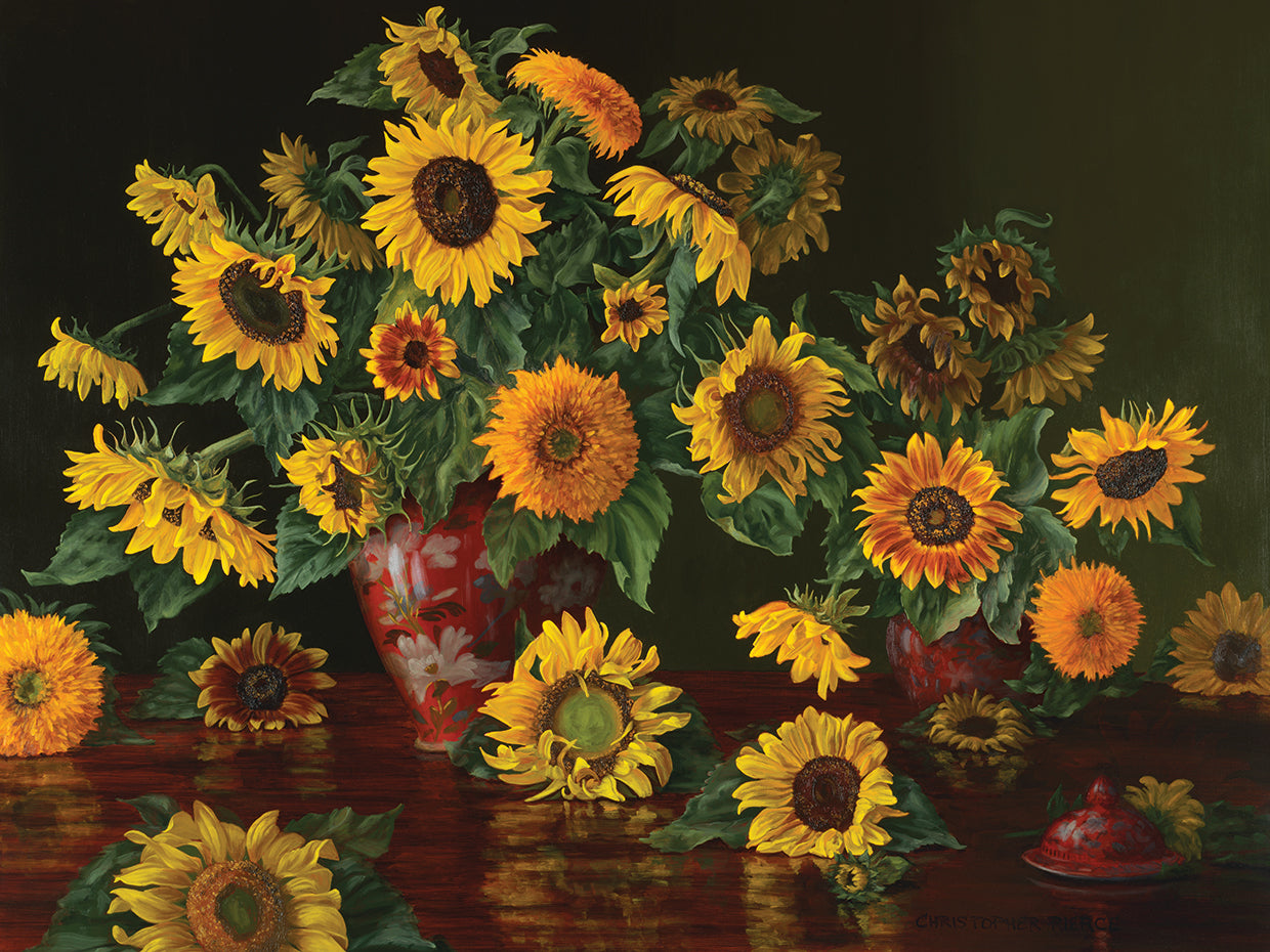 Lienzo Girasoles con dos jarrones carmesí