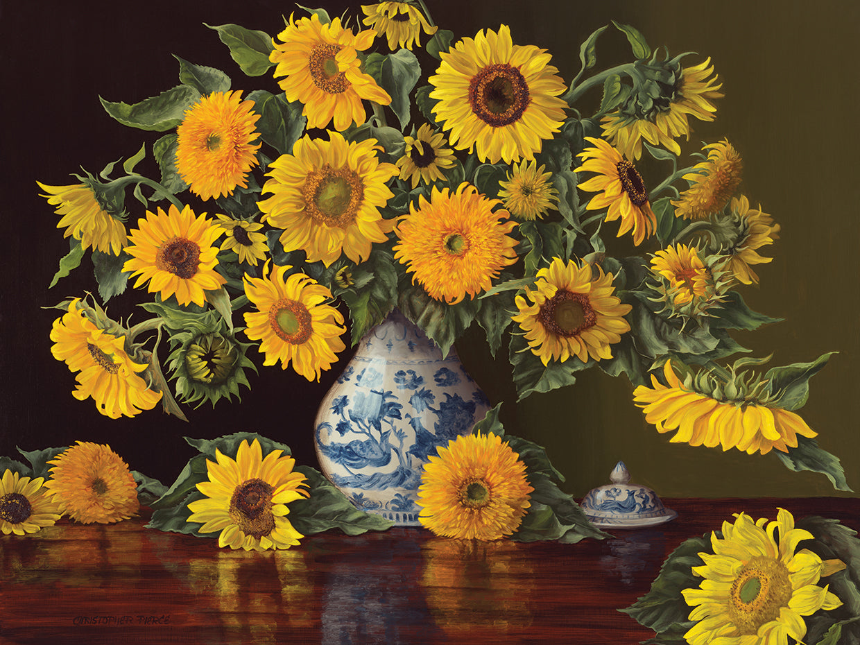 Sunflowers in Blue and White Vase