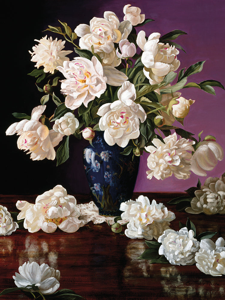 White Peonies in Blue Chinese Vase
