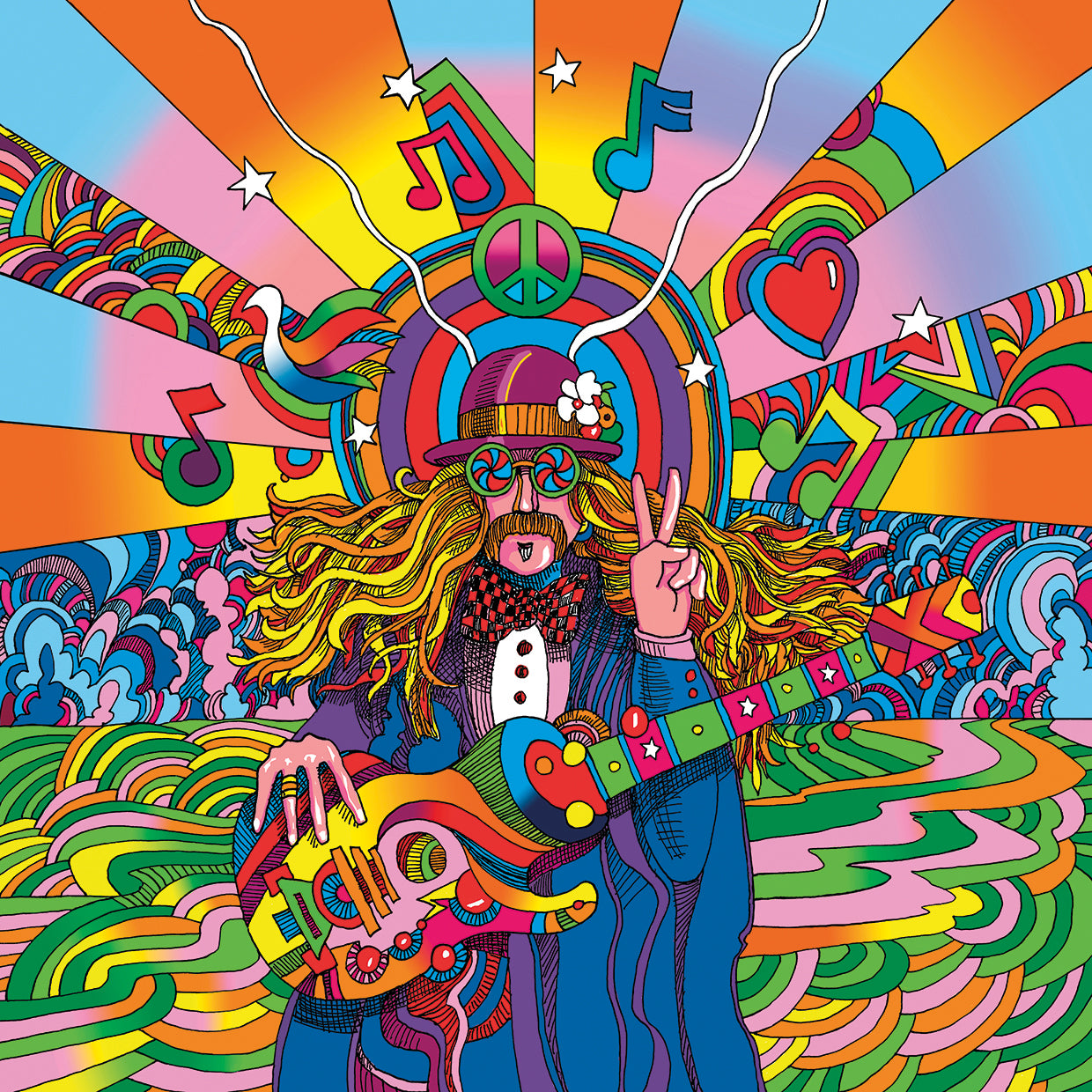 Hippie Musician by Howie Green is is a colorful and contemporary figure pop art painting printed on canvas or framed canvas