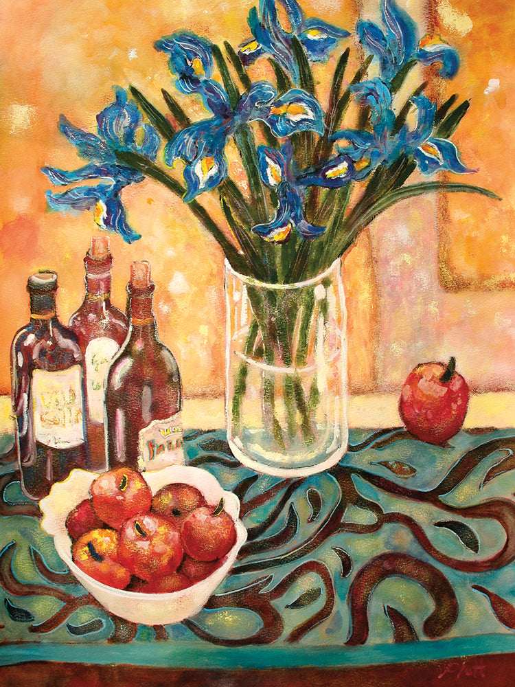 Irises On A Blue Swirl Cloth