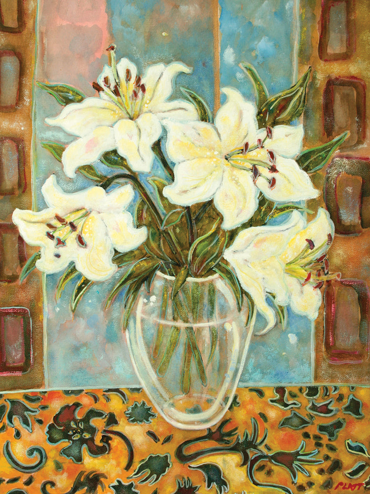 Lilies On Gold Swirl Cloth