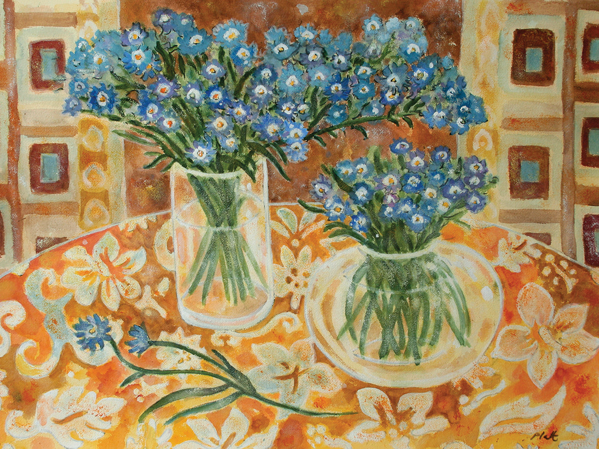 Blue Bouquet On A Gold Hawaiian Cloth
