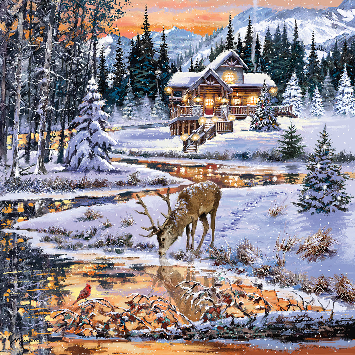 Snowy Cabin handcrafted art work on canvas or framed canvas prints by The Macneil Studio 