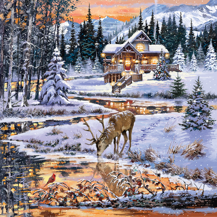 Snowy Cabin handcrafted art work on canvas or framed canvas prints by The Macneil Studio 
