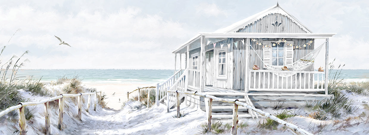 Beach Cabin handcrafted art work on canvas or framed canvas prints by The Macneil Studio 