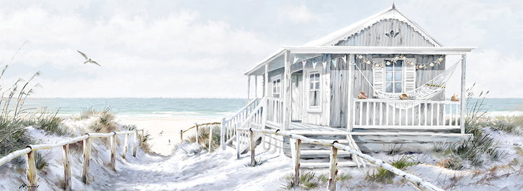Beach Cabin handcrafted art work on canvas or framed canvas prints by The Macneil Studio 