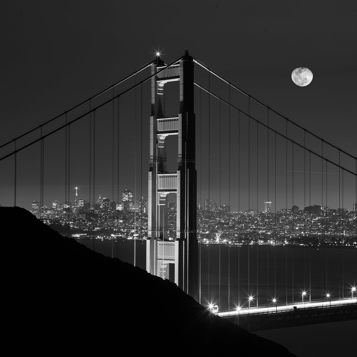 Golden Gate and Moon BW handcrafted art work on canvas or framed canvas prints by Moises Levy 