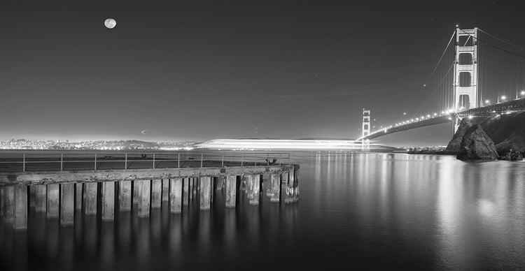 Golden Gate Pier and Stars B&W handcrafted art work on canvas or framed canvas prints by Moises Levy 