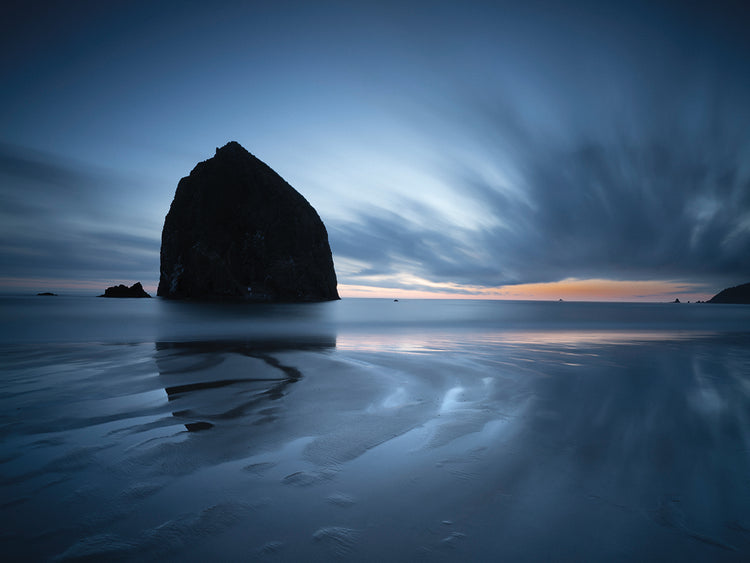 Haystack Rock Dawn handcrafted art work on canvas or framed canvas prints by Moises Levy 