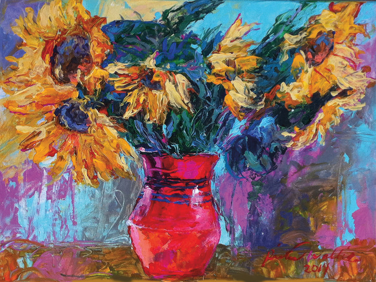 Sunflowers In Red Vase handcrafted art work on canvas or framed canvas prints by Richard Wallich 
