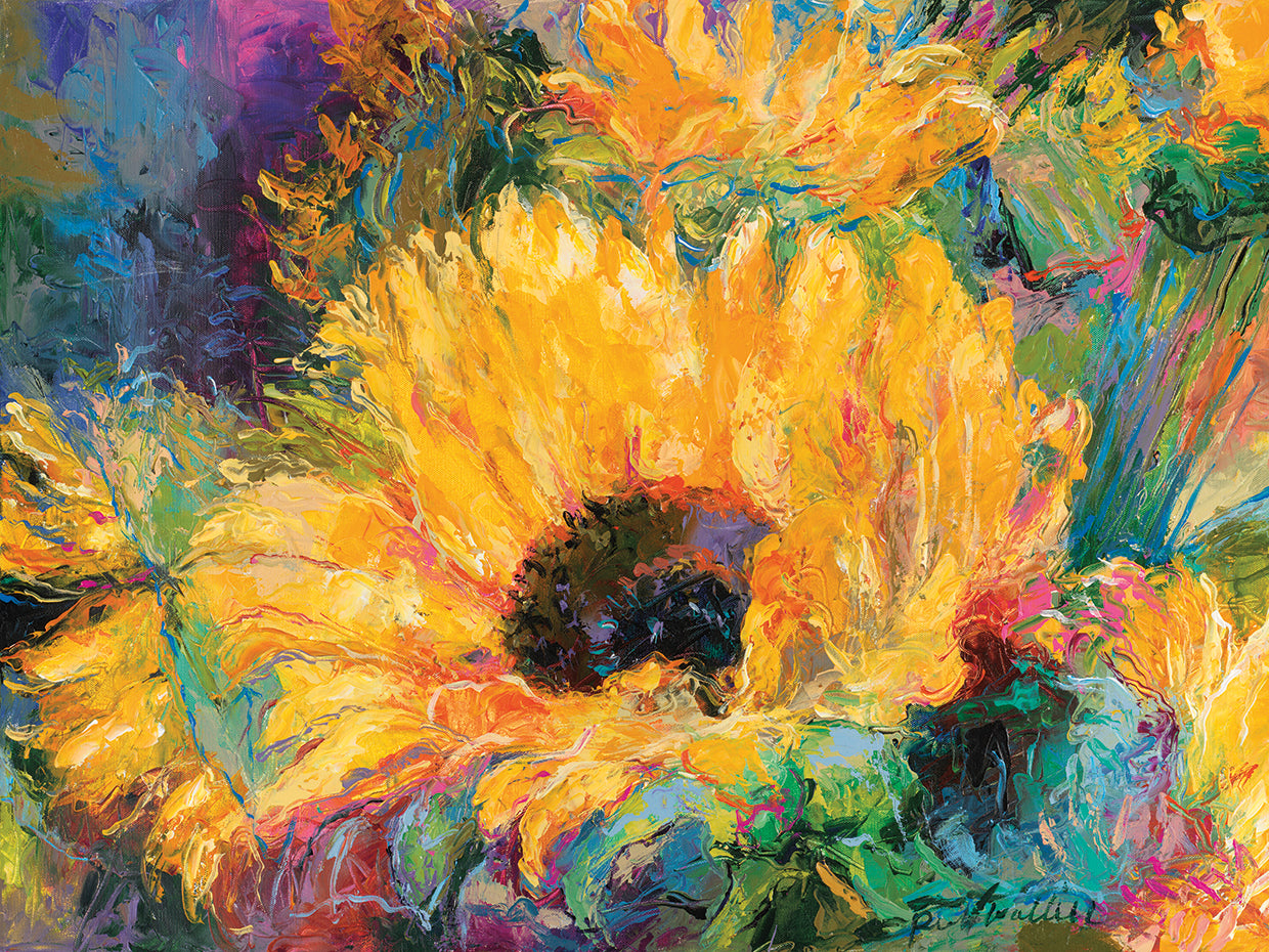 Blue Sunflowers handcrafted art work on canvas or framed canvas prints by Richard Wallich 