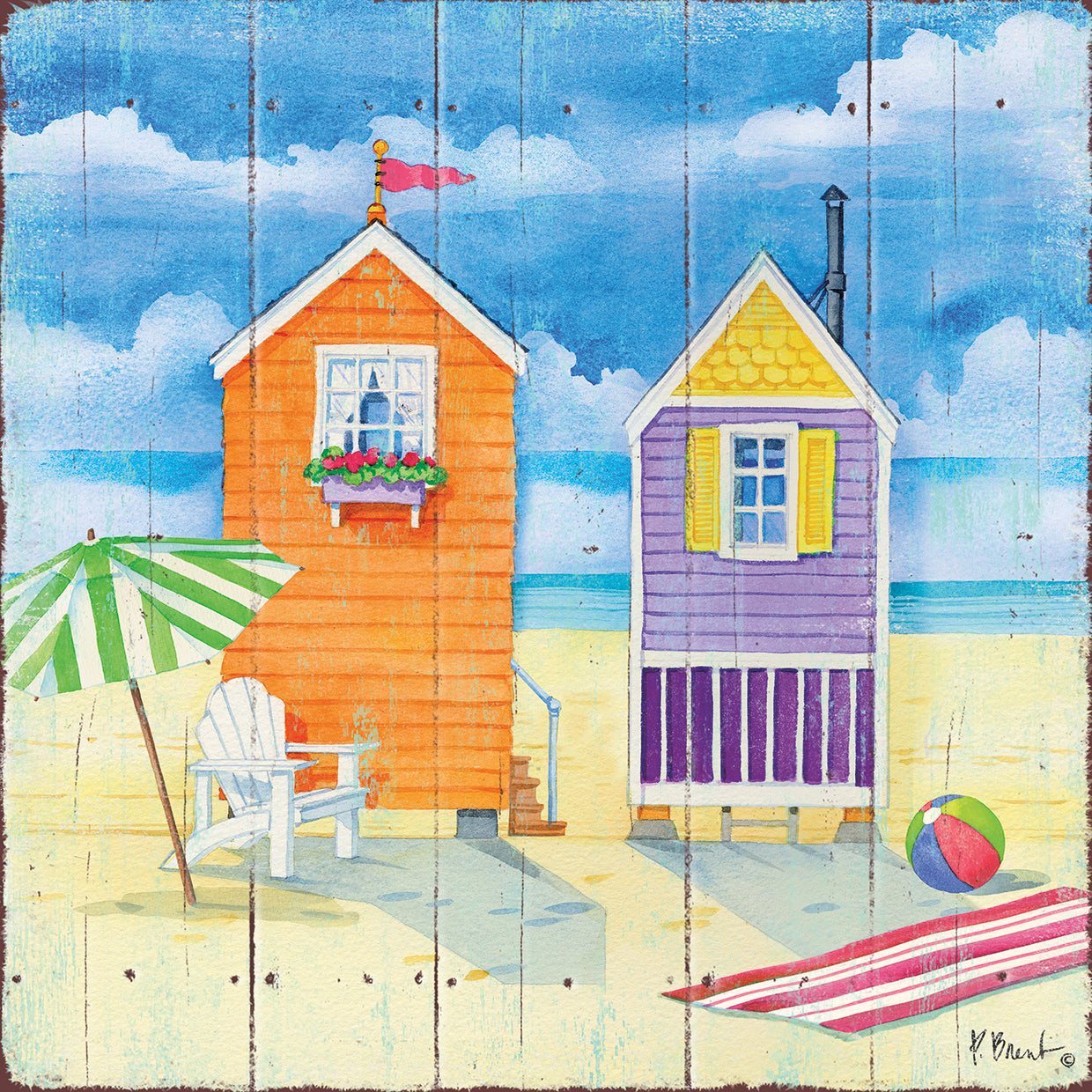 Beach Huts Square I by Paul Brent - larger sizes handcrafted wall art work on large canvas & framed canvas prints