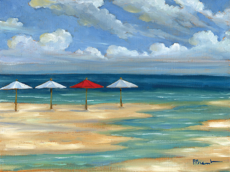 Umbrella Beachscape White and Red by Paul Brent - highest quality handcrafted wall art work on large canvas & framed canvas prints