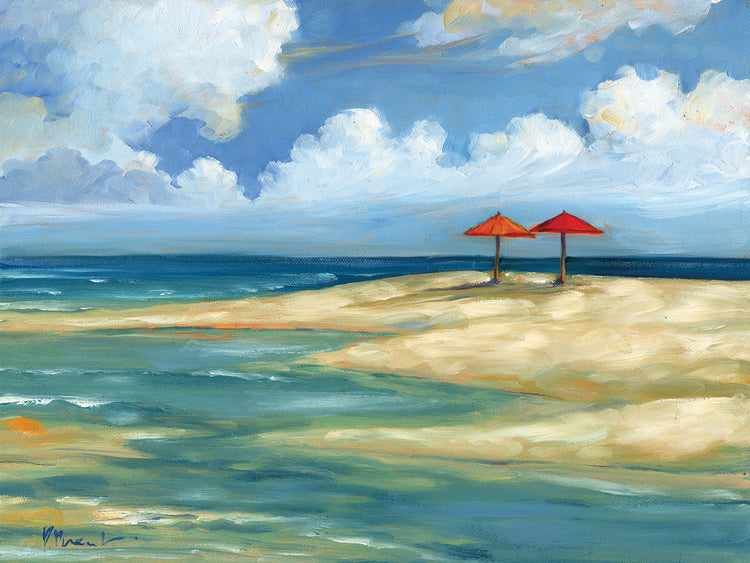 Umbrella Beachscape Orange and Red by Paul Brent - lowest price wall art work on large canvas & framed canvas prints