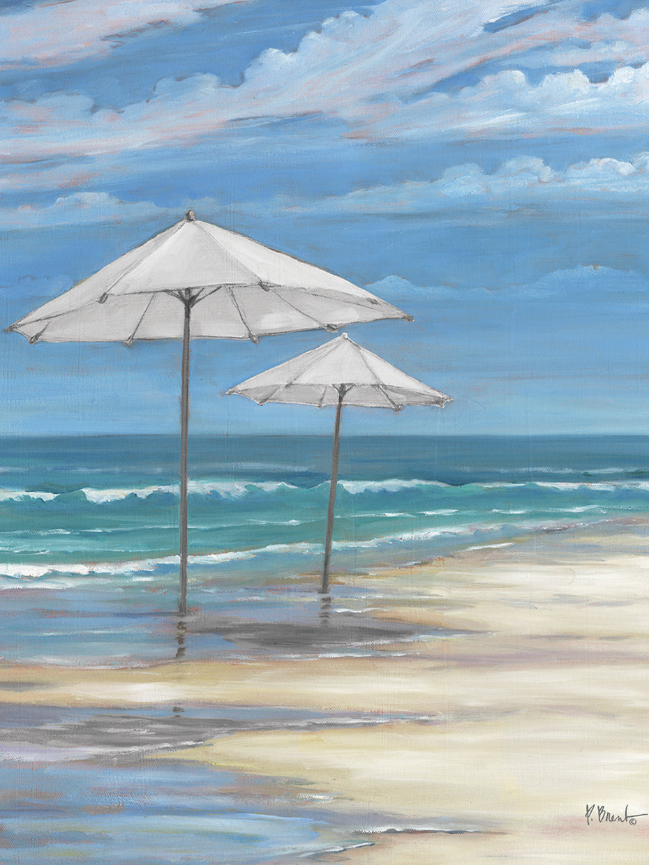 Seascape with Umbrellas - White by Paul Brent - top quality wall art work on large canvas & framed canvas prints