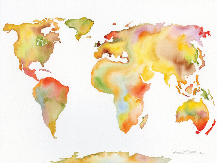 Arte de la lona del mapa del mundo de la acuarela