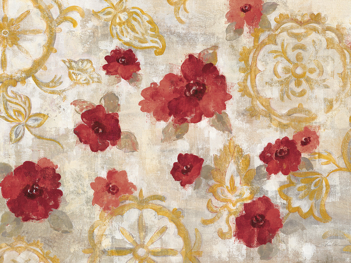 Elegant Fresco Red Gold by Silvia Vassileva - larger sizes handcrafted wall art work on large canvas & framed canvas prints