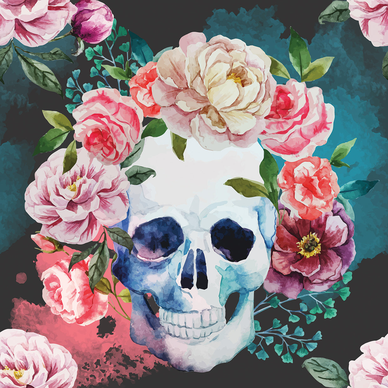 Blue Skull and Pink Roses