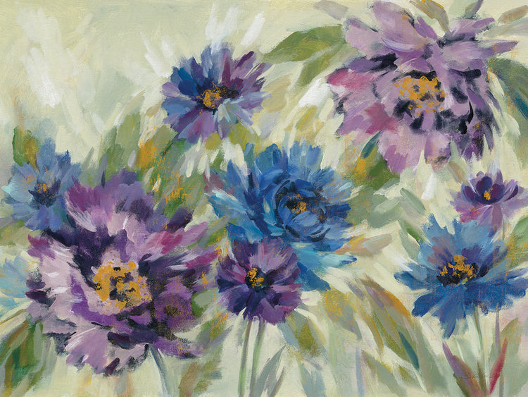 Bold Blue and Lavender Flowers by Silvia Vassileva - museum quality wall art work on large canvas & framed canvas prints