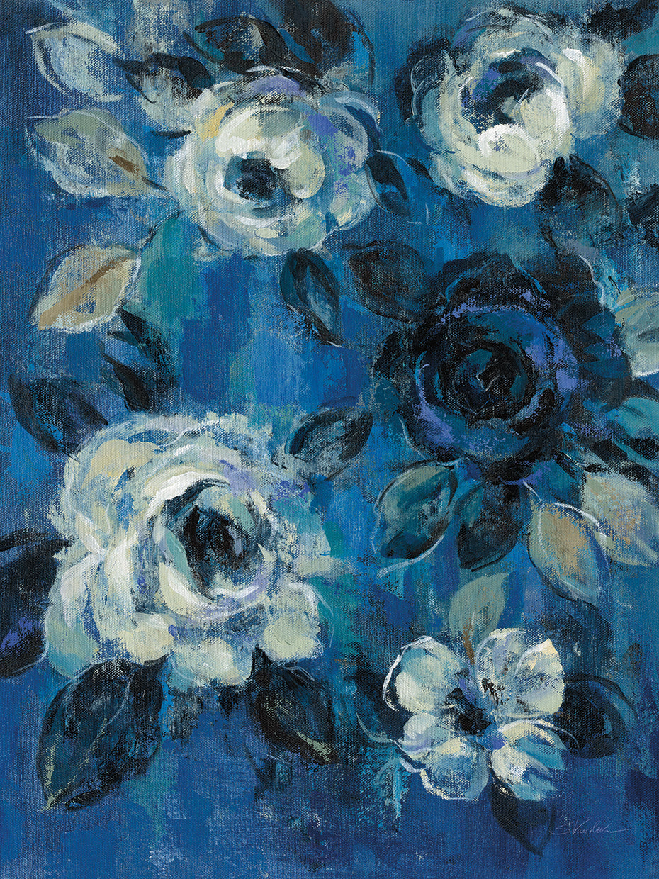 Loose Flowers on Blue II by Silvia Vassileva - handcrafted wall art work on large canvas & framed canvas prints, made to order