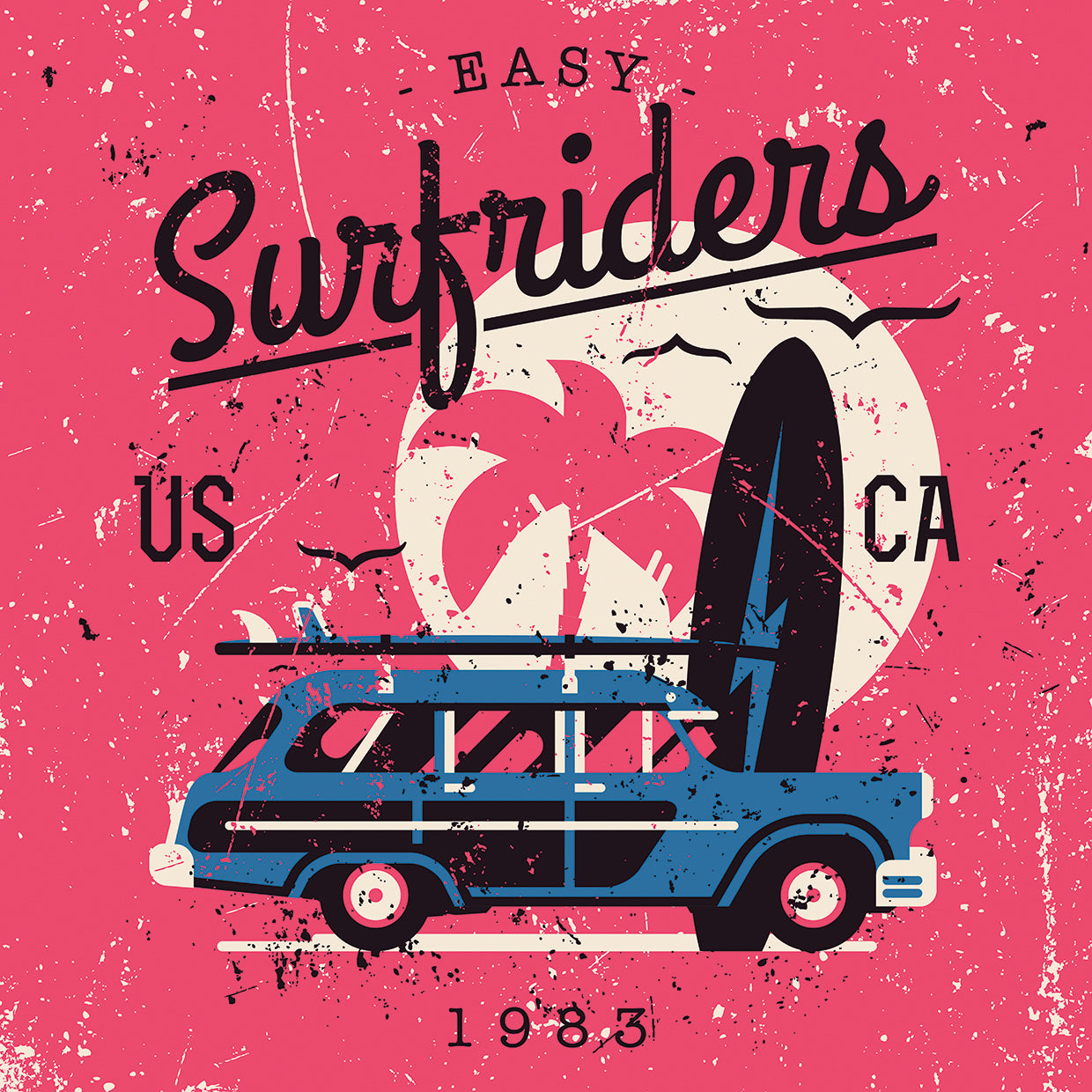 Arte retro de la lona de los surfistas del rosa de la puesta del sol