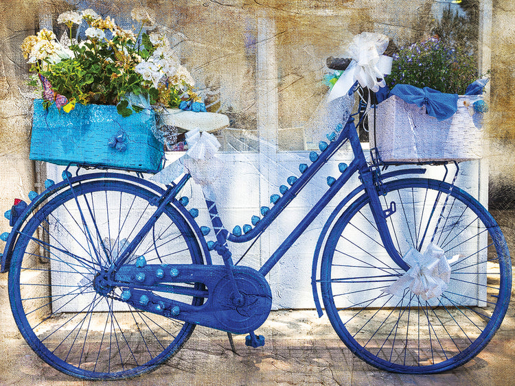 Cuadro en lienzo con entrega de flores en bicicleta azul