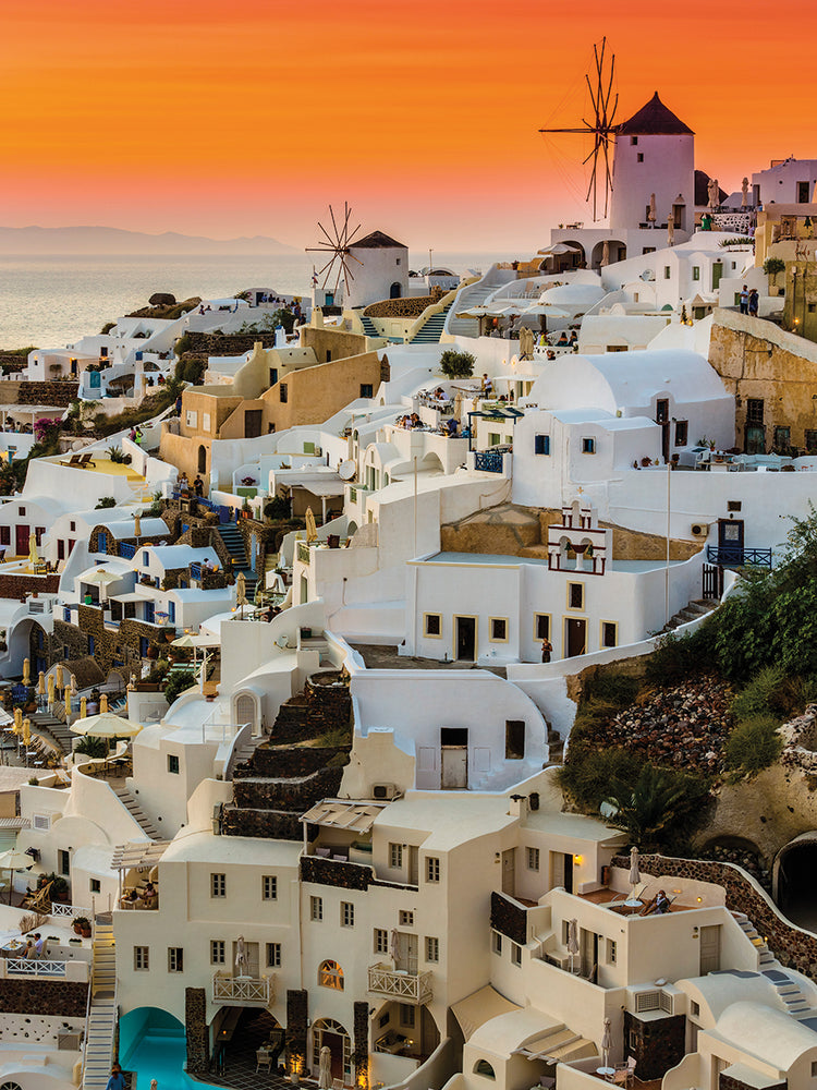 Arte de la lona de oros de la puesta del sol de Santorini