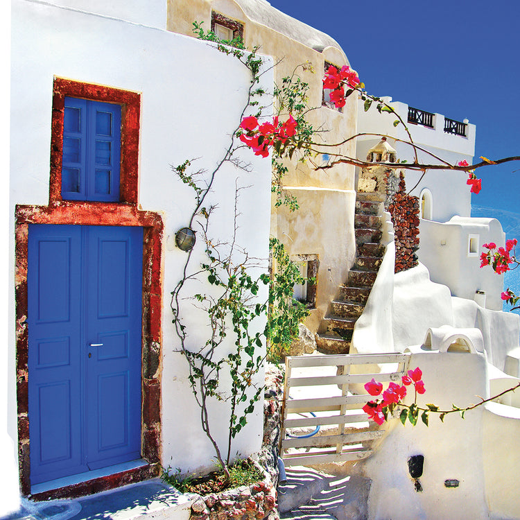 Hermosos azules y flores griegas en lienzo