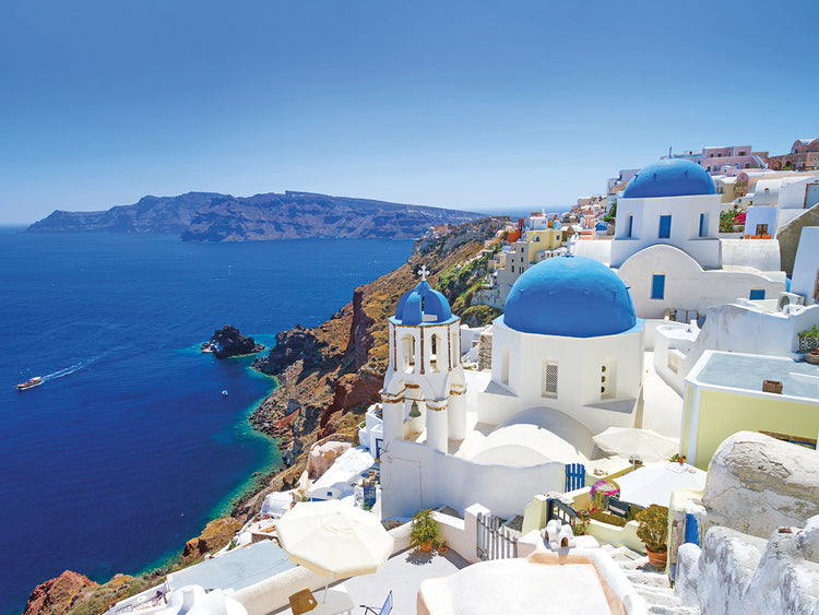 Arte de la lona de los zafiros de Santorini iluminados por el sol