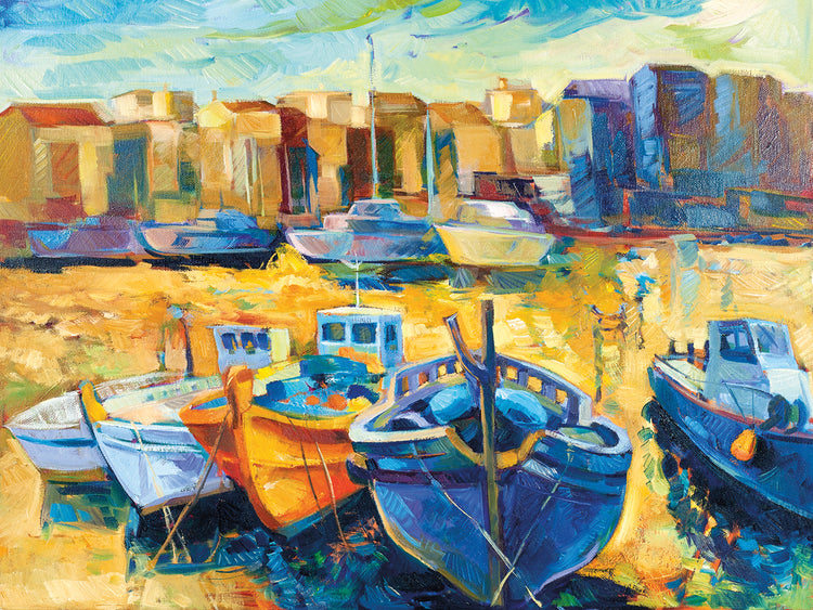 Sunset Harbor Colorful Boats