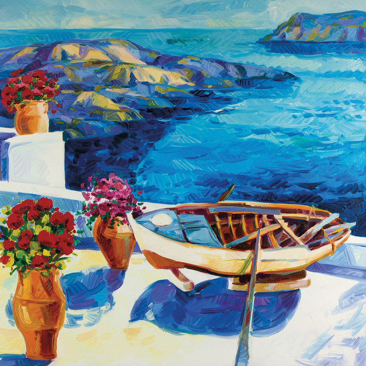 Arte de la lona de las flores del barco azul de Santorini