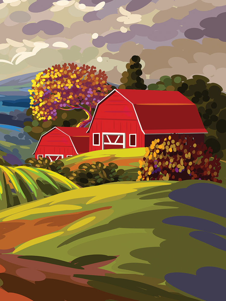 Arte de la lona del gran granero rojo de los colores del otoño