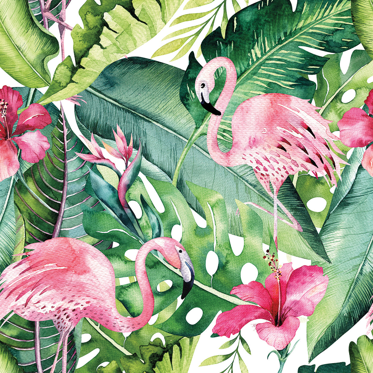 Lienzo de flamencos rosas e hibiscos