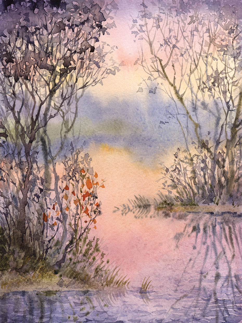 Arte de la lona del lago del matorral de la puesta del sol