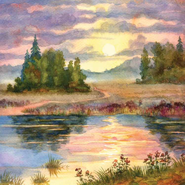 Arte de la lona de la puesta del sol del lago de las Montañas Rocosas