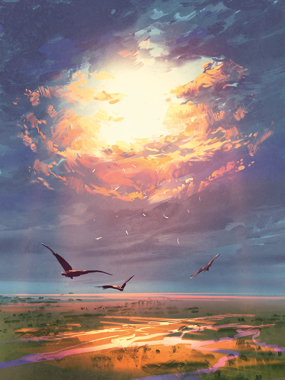 Alas al arte de la lona de la puesta del sol
