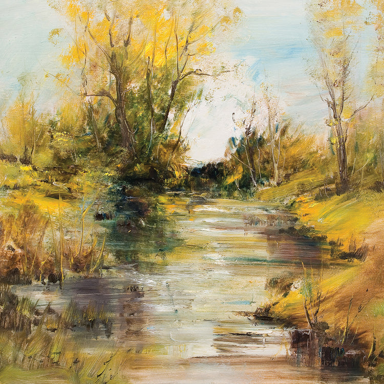 Por el arte de la lona de las orillas del río de otoño