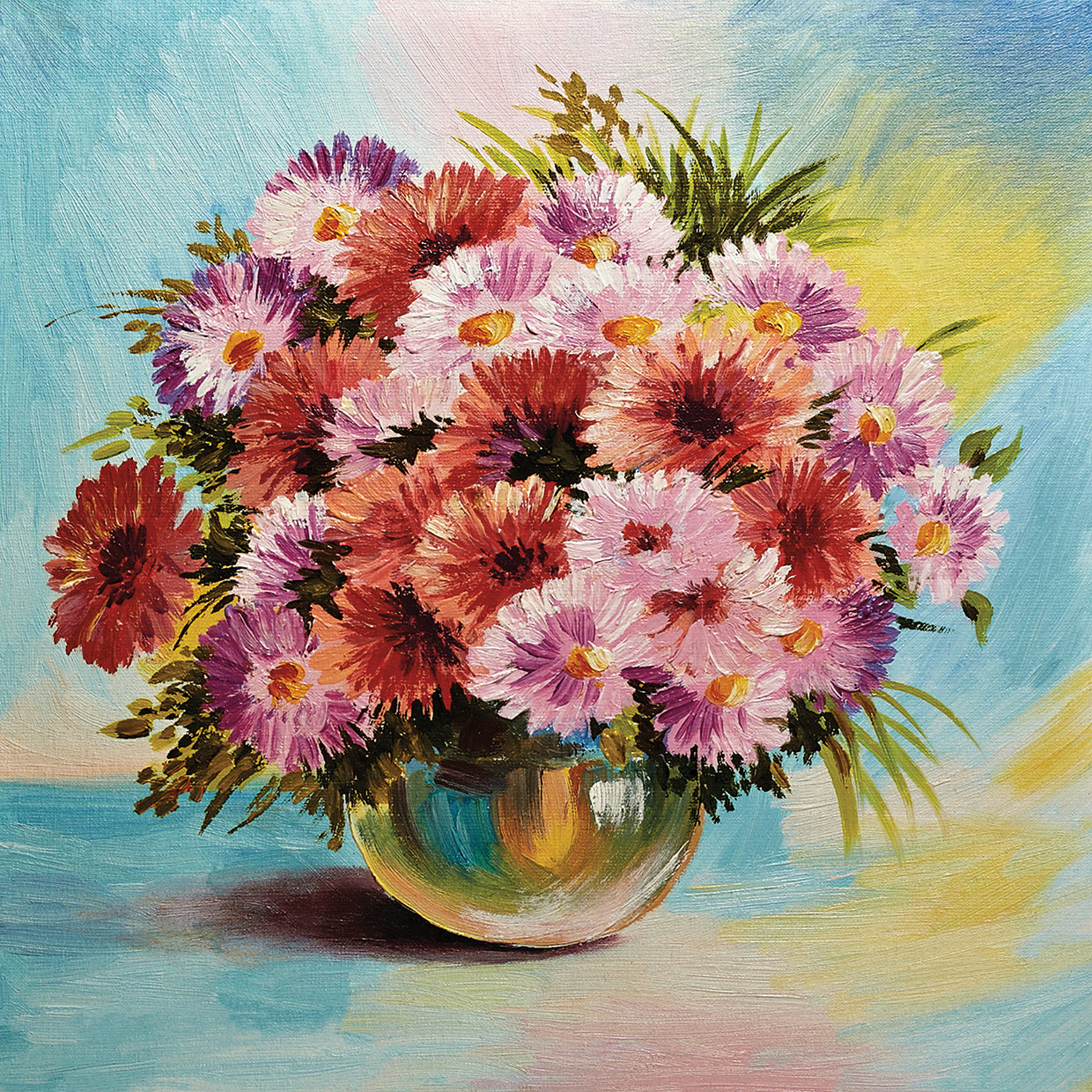 Cuadro en lienzo con cuenco de flores plateado