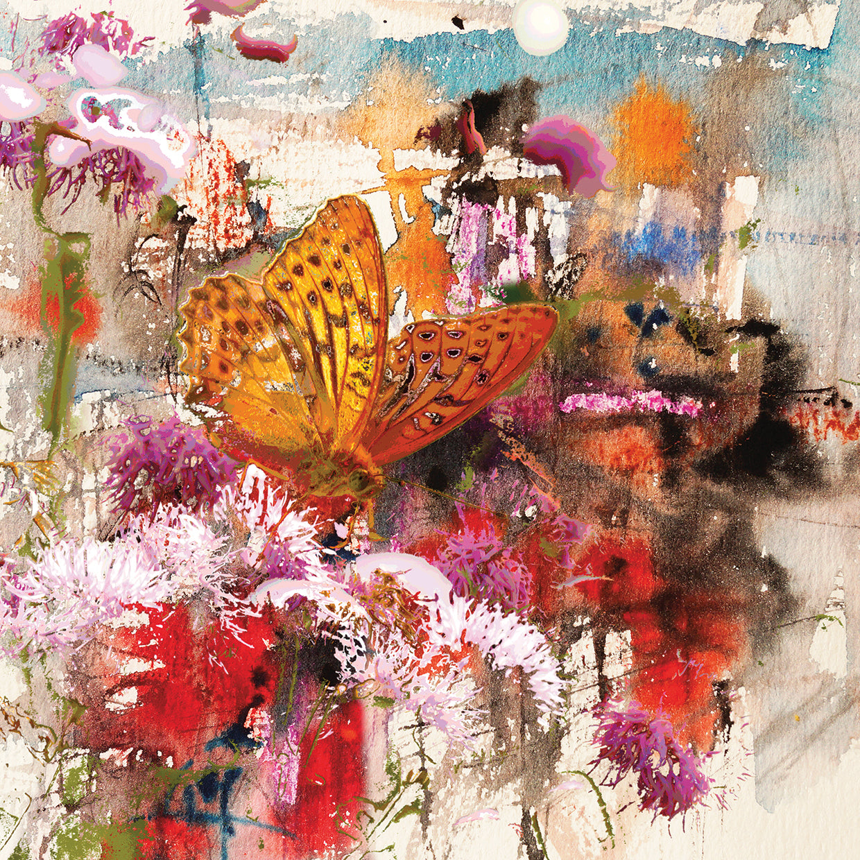 Arte en lienzo con flores de mariposas doradas
