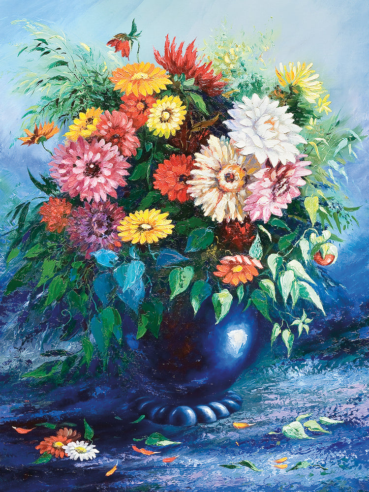 Arte de la lona del ramo del florero de cristal azul