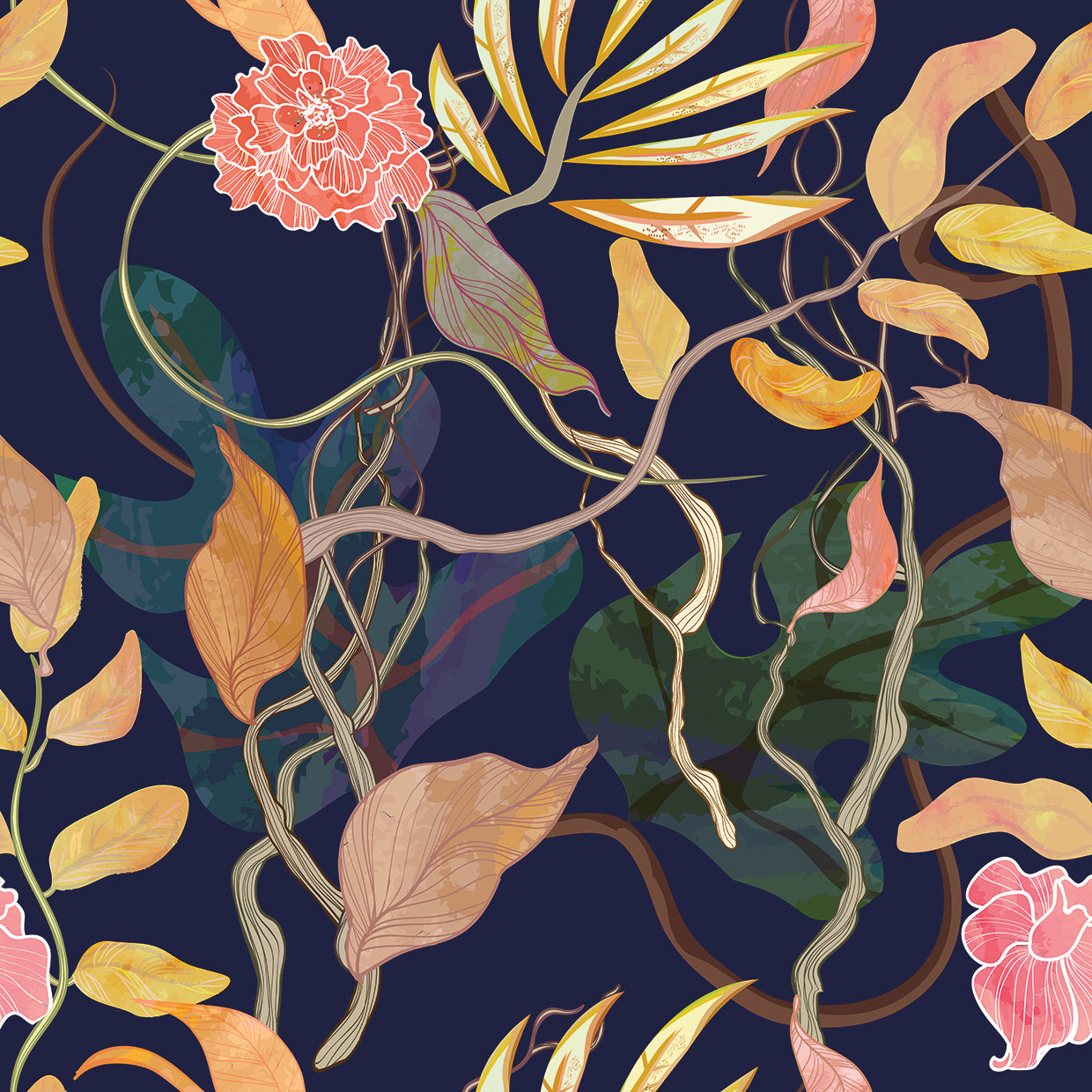 Arte de lienzo de vides florales de terciopelo azul