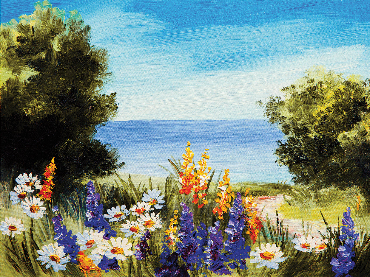Arte en lienzo con flores veraniegas junto al mar